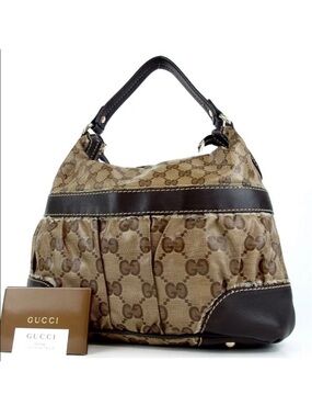 Gucci Beige GG Canvas Shoulder Bag with Dark Brown Trim